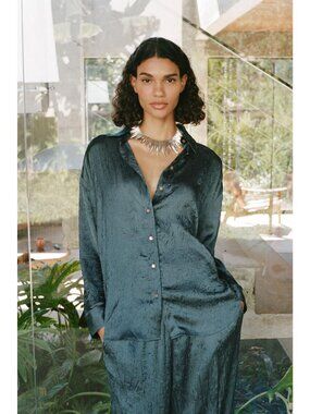 Zara Textured Satin Crinkled Look Button-Up Blouse